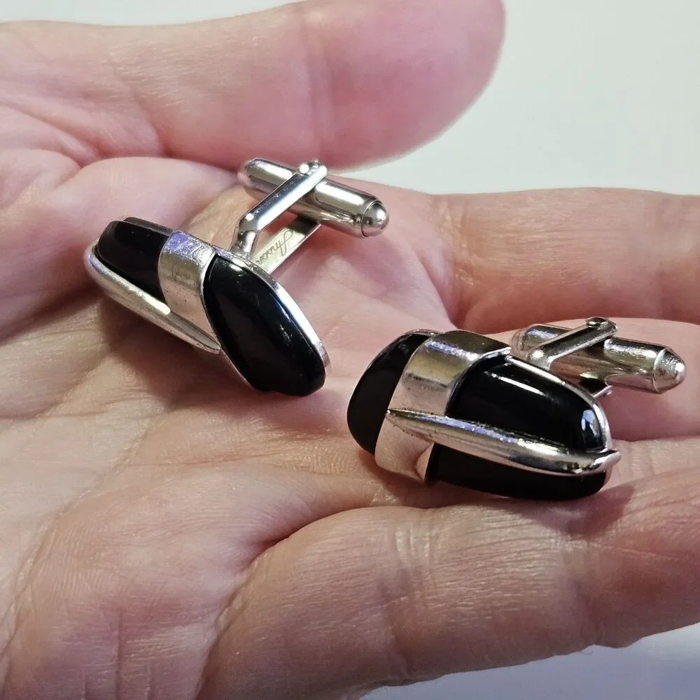 Vintage Anson Silver Tone Black Stone Cufflinks IOB